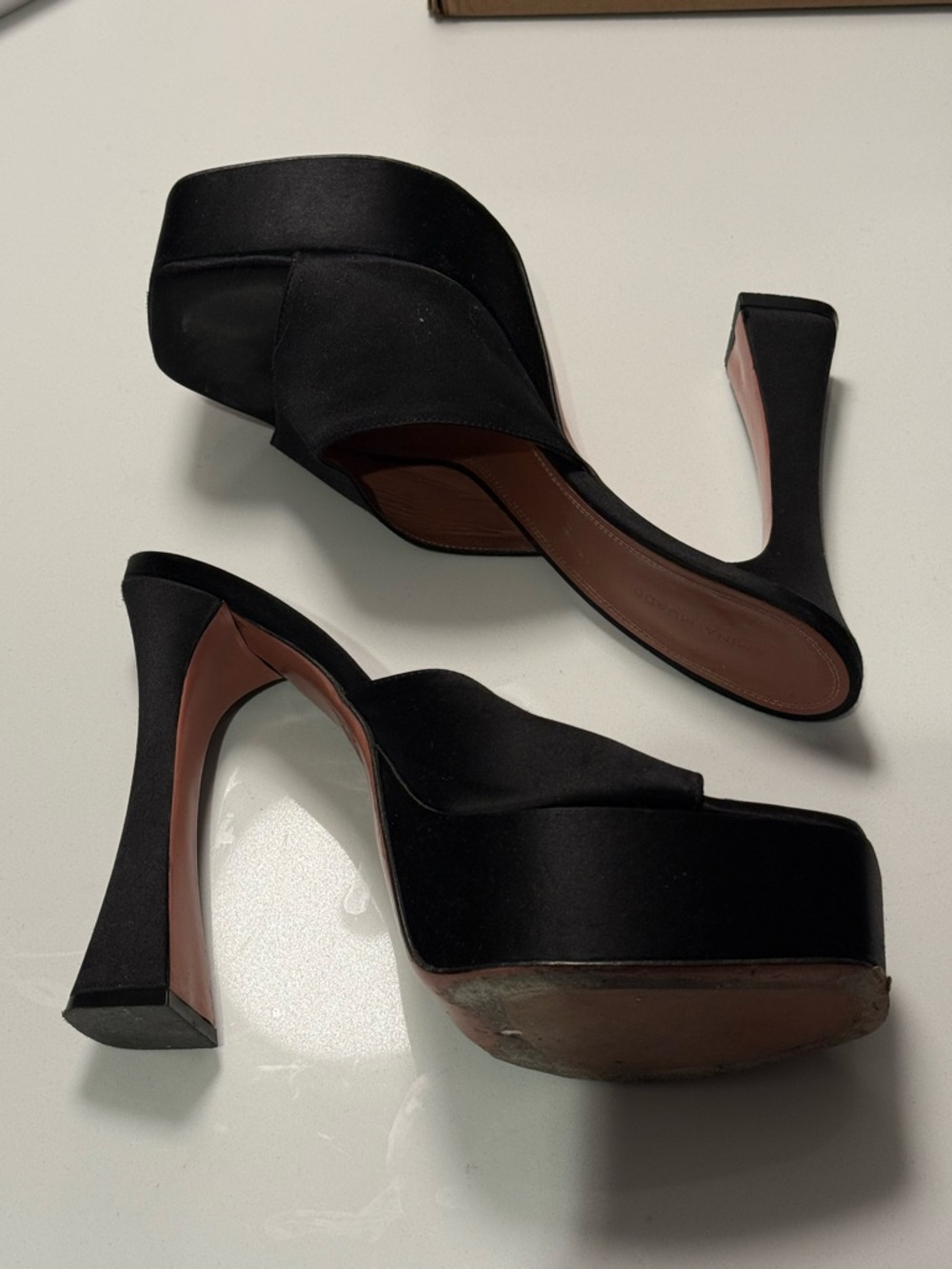 Amina Muaddi Dalida Black Satin Platform Mule Heels